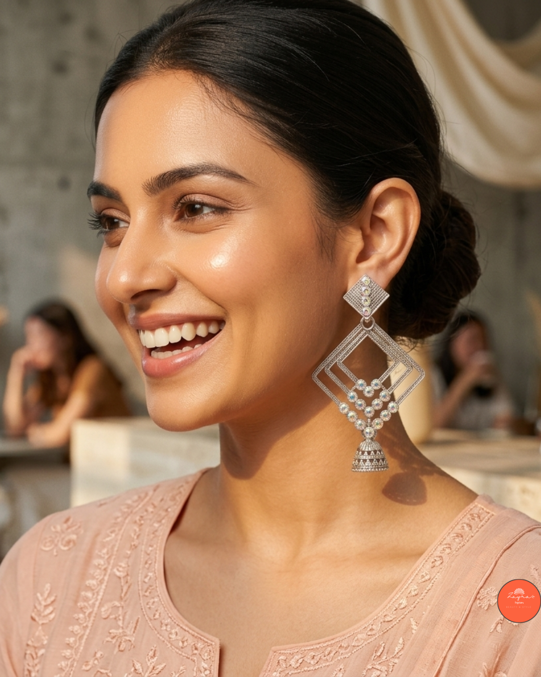 Crystal-Studded Geometric Jhumka Earrings