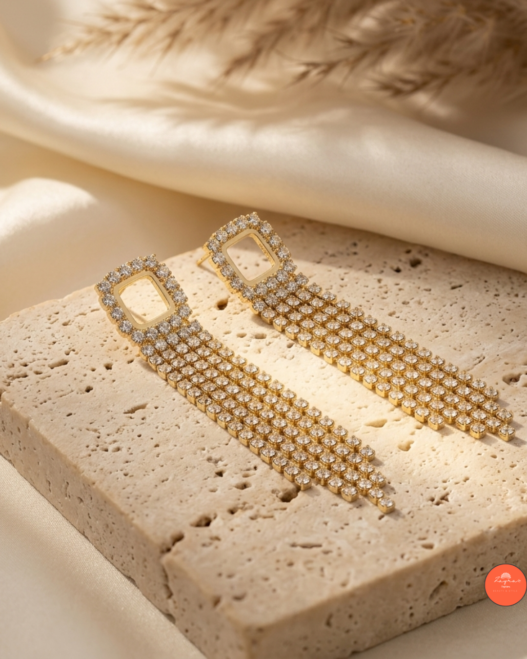 Gold Tone Square Stud Tassel Earrings