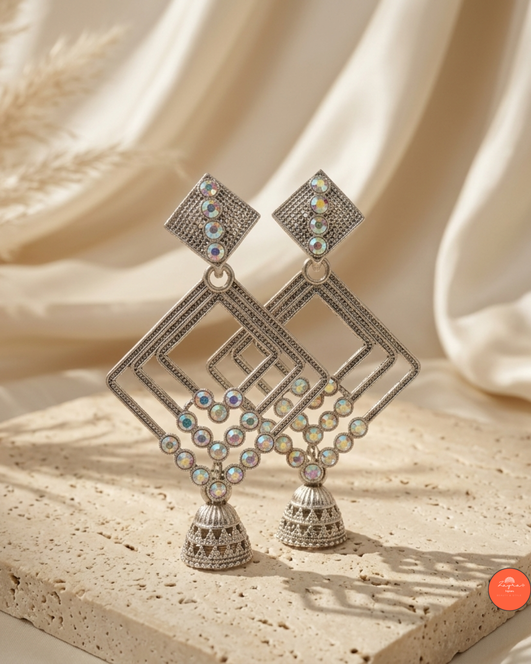 Crystal-Studded Geometric Jhumka Earrings