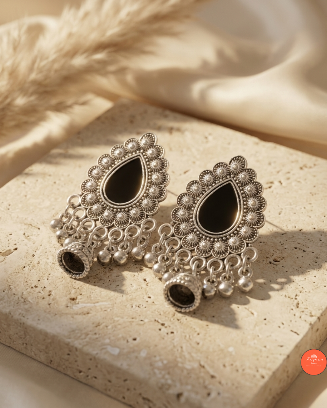 Antique Silver Mirror Teardrop Earrings with Ghungroo Danglers