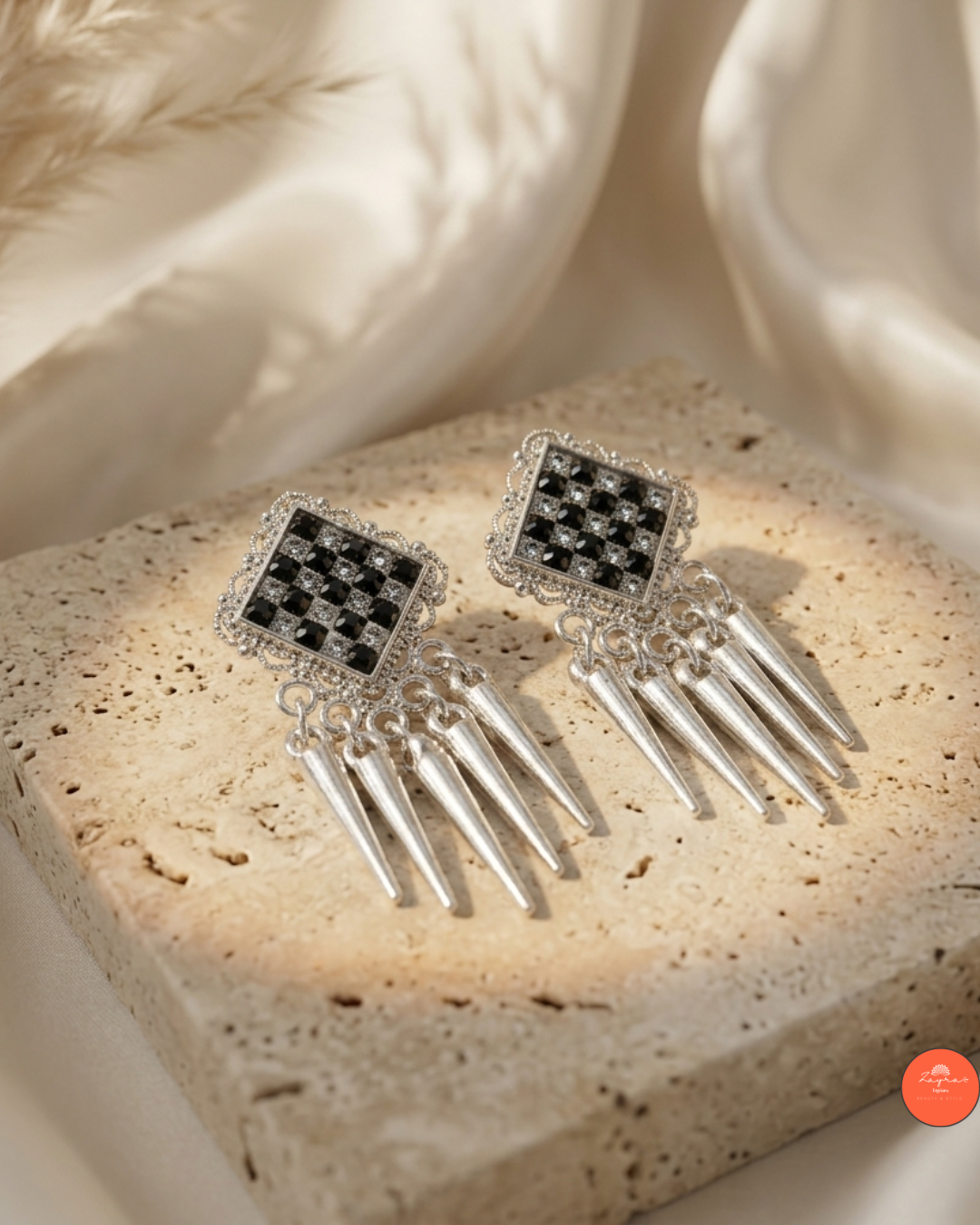 Black Crystal Checkered Stud Earrings with Silver Spike Danglers