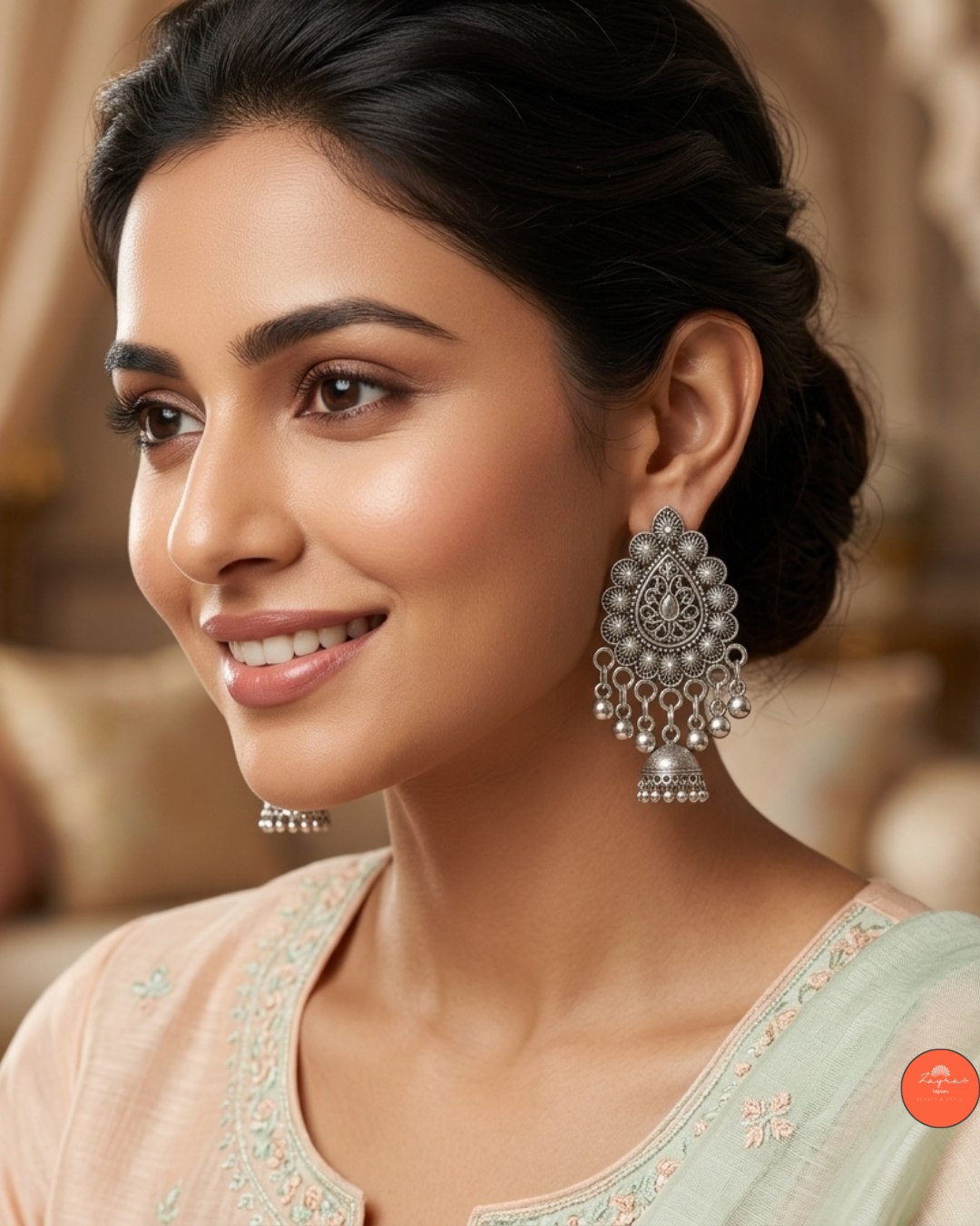 Antique Silver Mirror Teardrop Earrings with Ghungroo Danglers