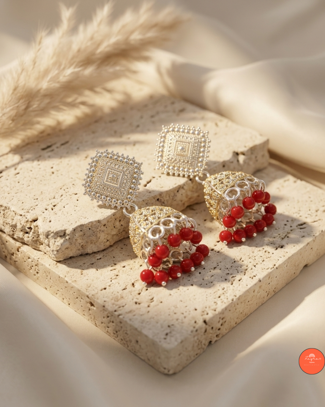 Antique Silver Jhumka Earrings with Bead Drops