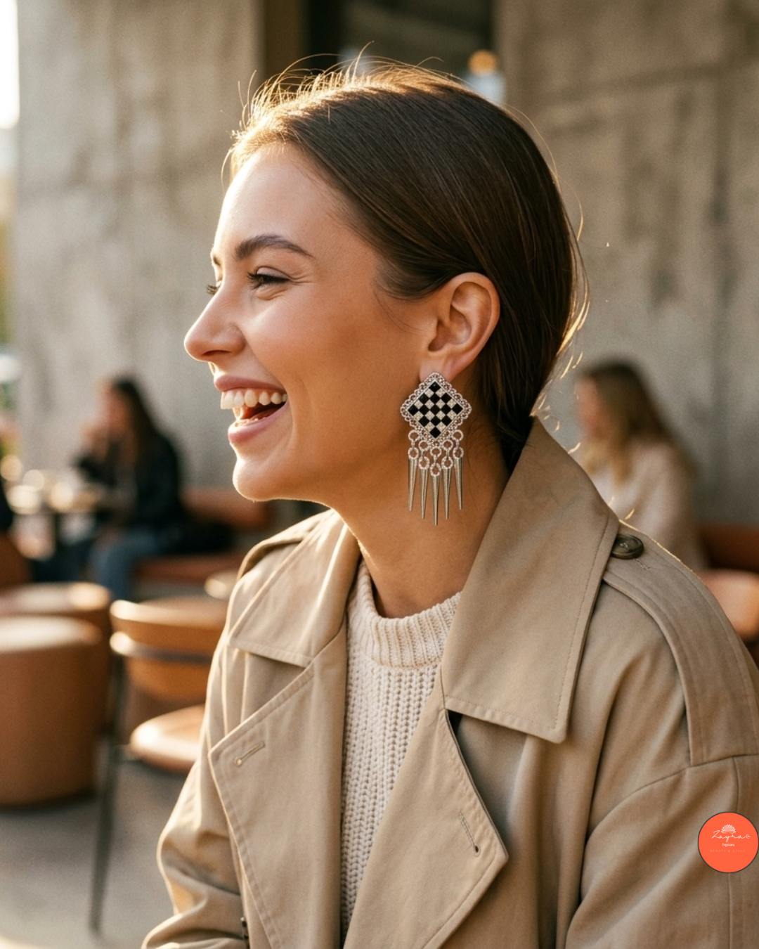 Black Crystal Checkered Stud Earrings with Silver Spike Danglers