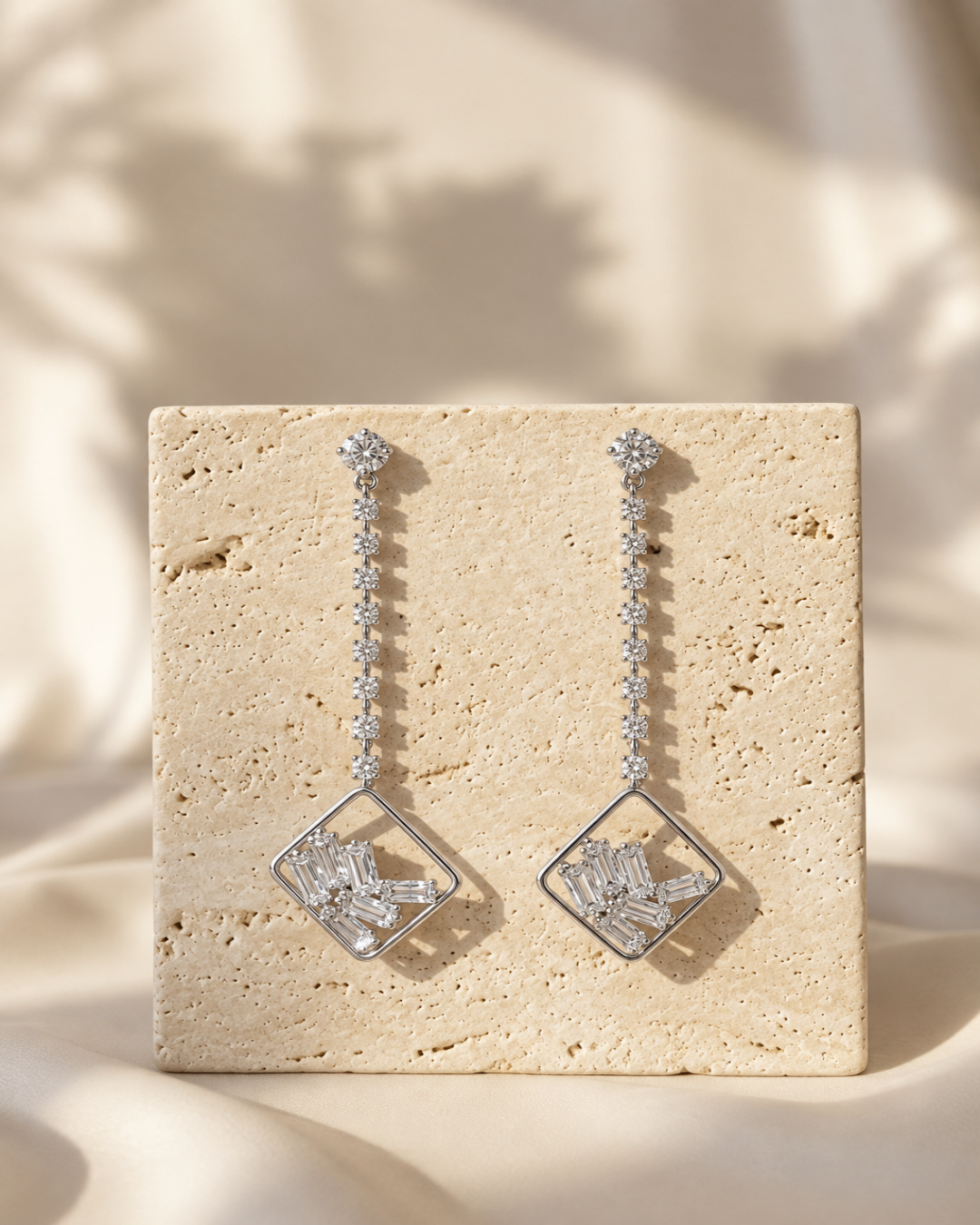 Silver Crystal Dangling Geometric Earrings