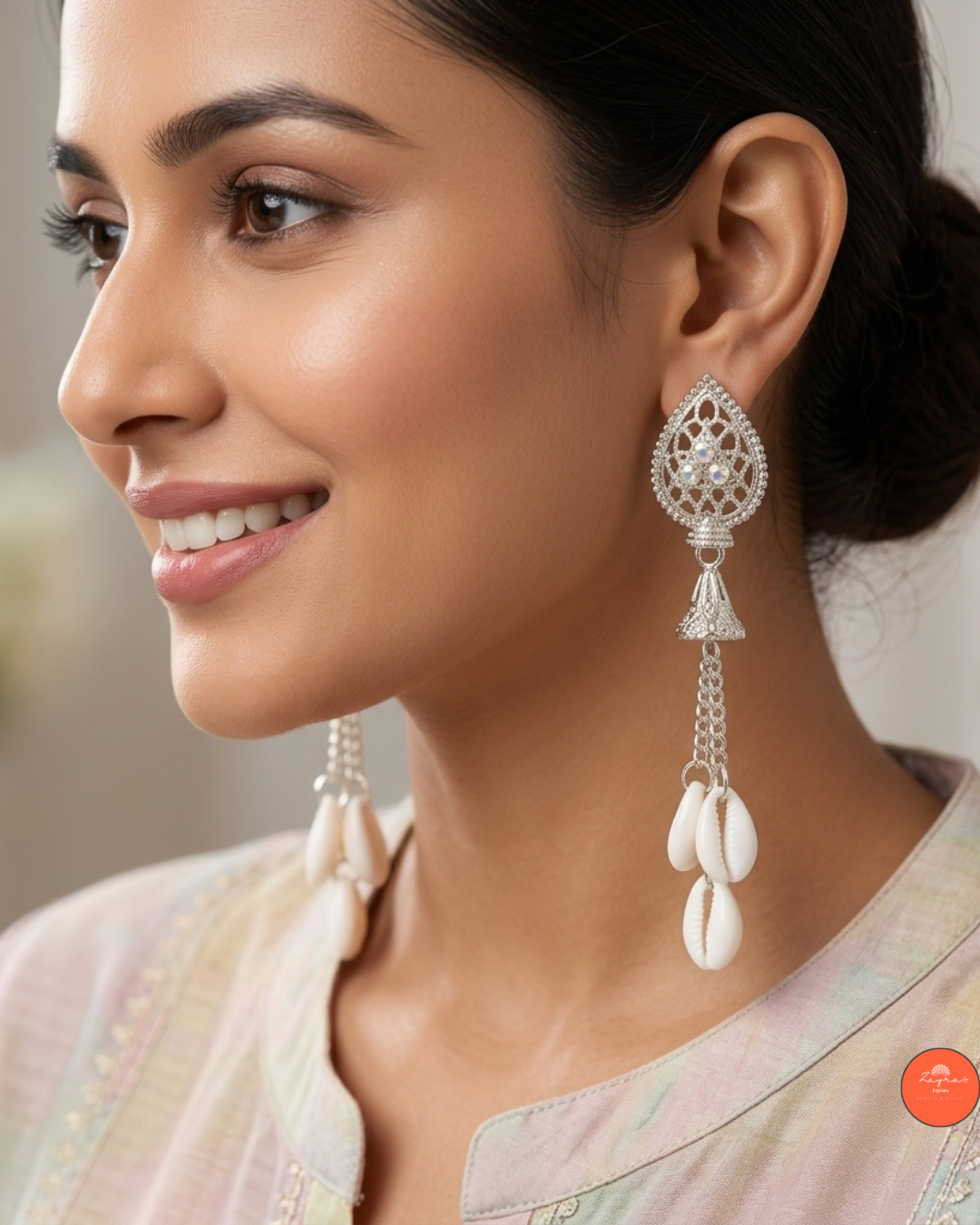 Antique Silver Filigree Drop Earrings with Cowrie Shell Danglers