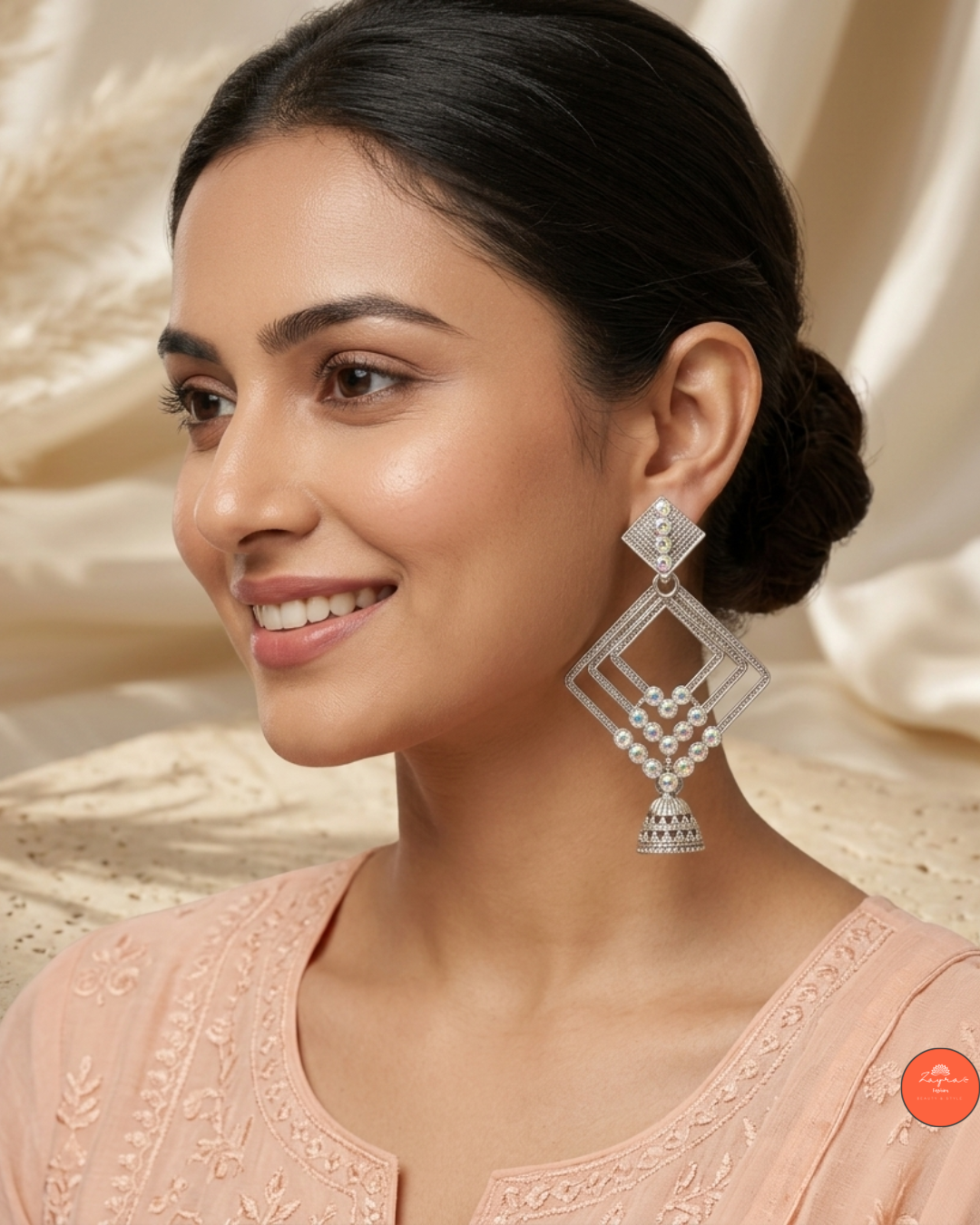 Crystal-Studded Geometric Jhumka Earrings
