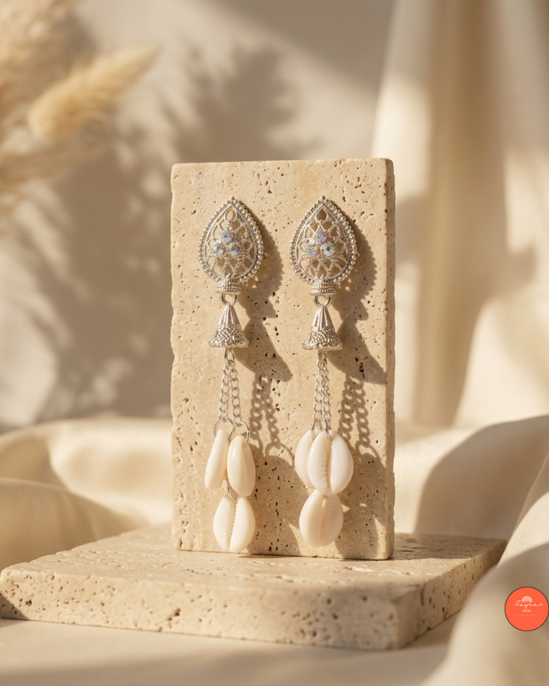 Antique Silver Filigree Drop Earrings with Cowrie Shell Danglers