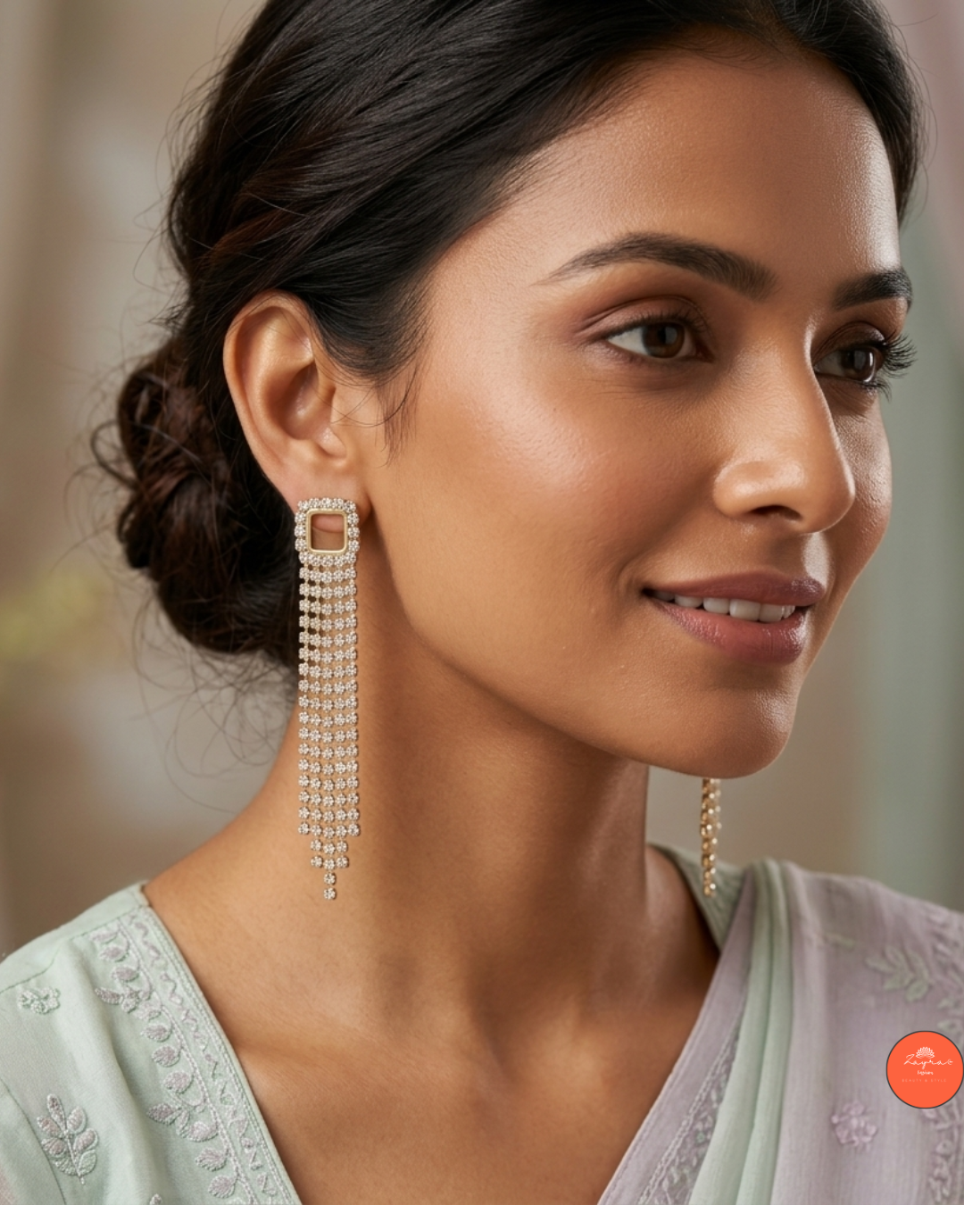 Gold Tone Square Stud Tassel Earrings