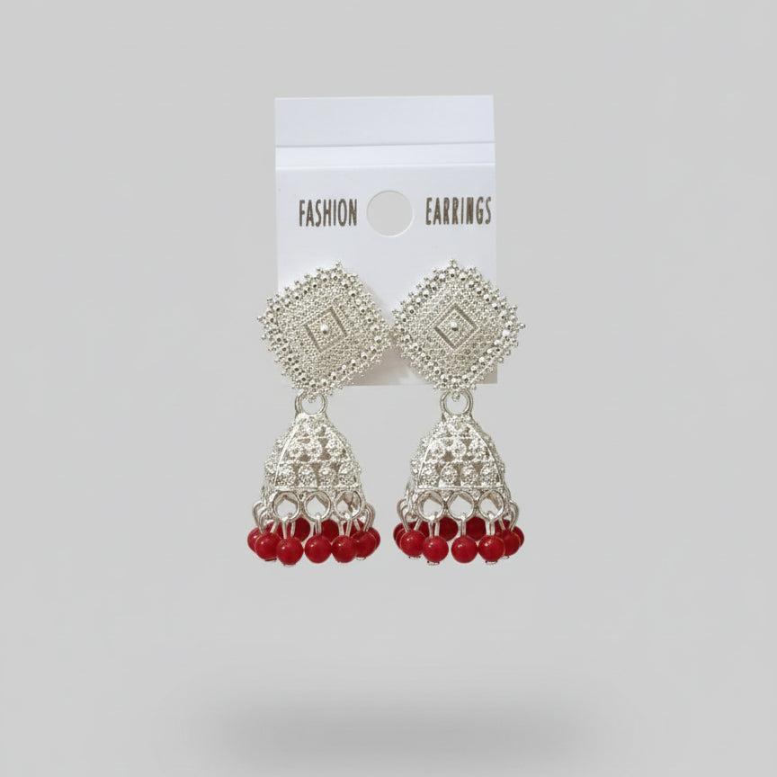 Antique Silver Jhumka Earrings with Bead Drops